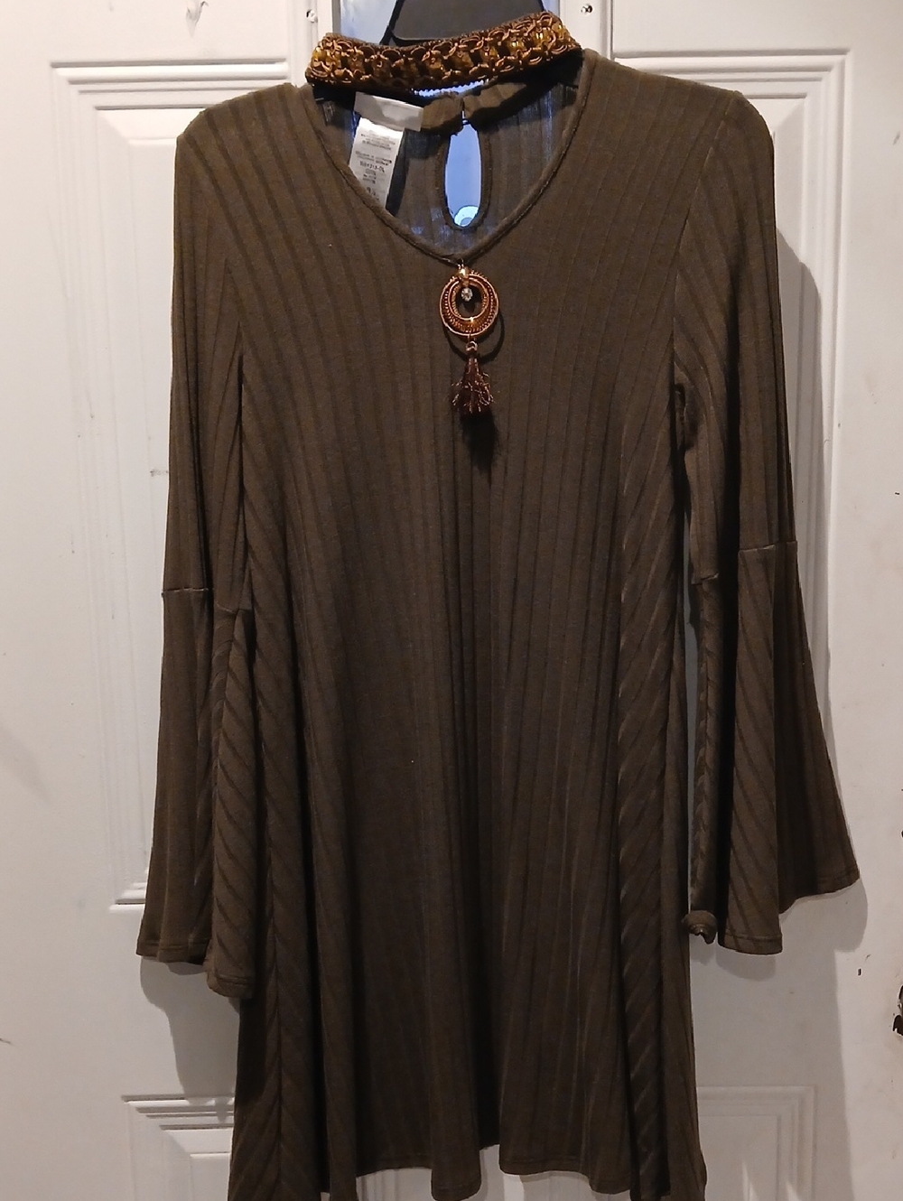 Bonnie Jean Olive Green Ribbed Bell Sleeve Dress